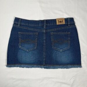 deadstock y2k blue denim mini skirt with frayed hem and embroidered detailing